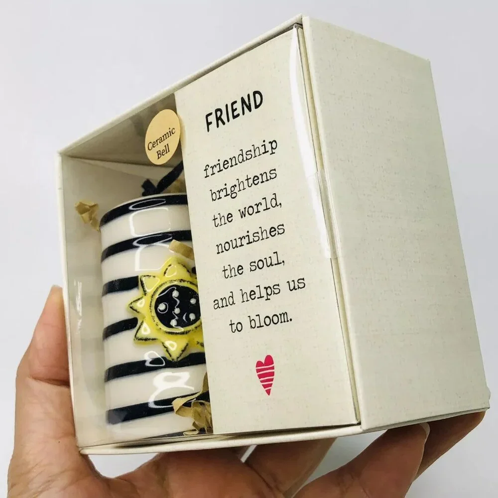 Ceramic White Bell Box Heartful Home Tracy Pesche FRIEND Sunflower Striped Black - Picture 2 of 5